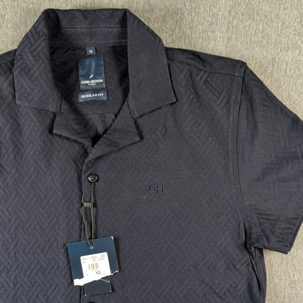 Daniel Hechter Shirt Mens XS Navy Herringbone Short Sleeve Button Polo NWT Paris